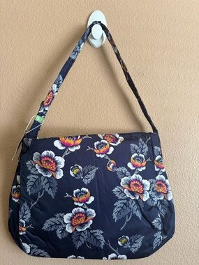 Vera Bradley Navy Floral Hobson Hobo with Pink-Yellow Accents NWT